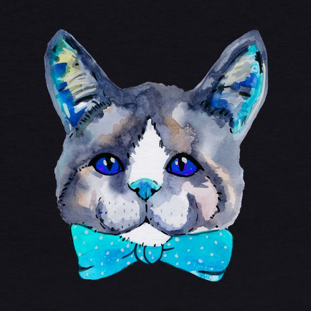 Blue watercolor cute kitty cat by deadblackpony